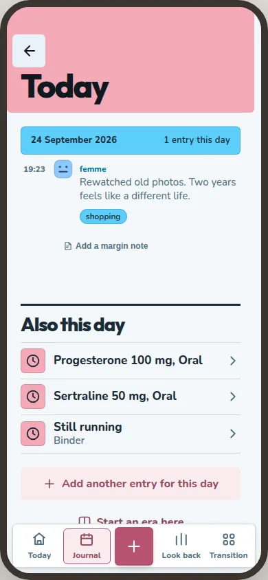 Day view shows one journal entry and planned doses beneath it.