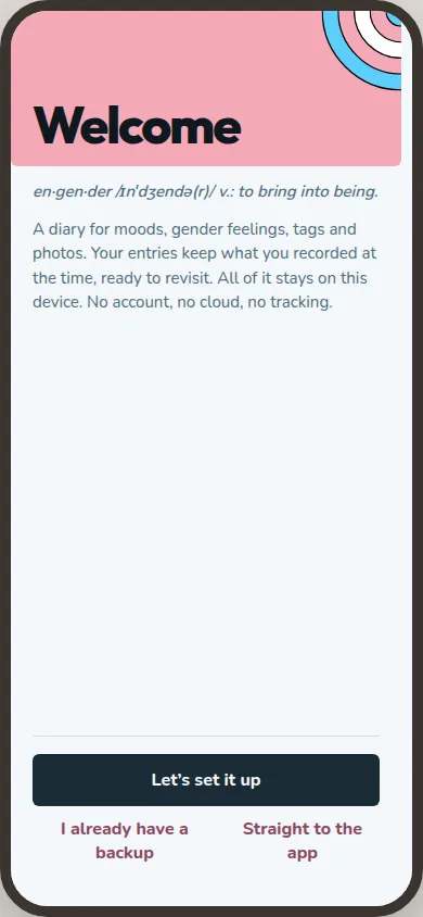 Welcome step explains the local journal and offers setup or backup restore.