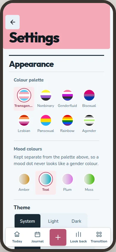 Settings shows flag palettes, mood colours and theme controls under Appearance.