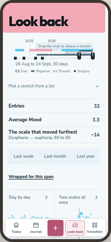 Look back shows a selected date range, entry count and reading summary.