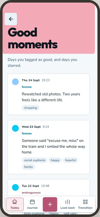Good moments in Safe space lists starred and tagged journal entries.