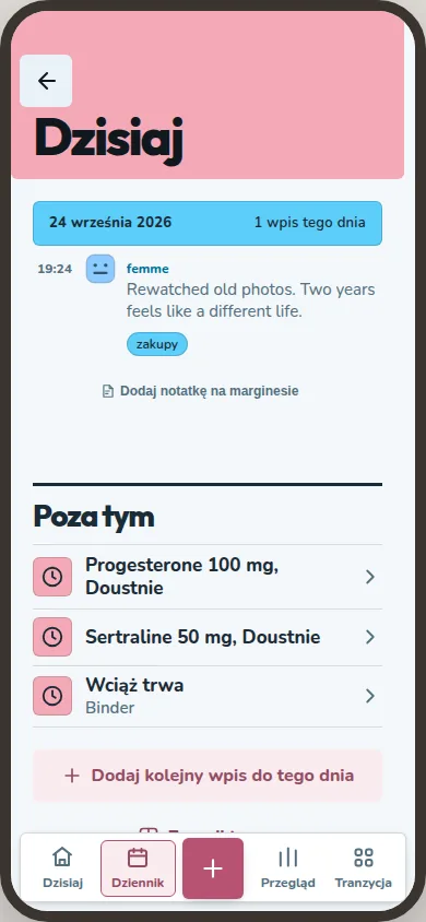 Widok dnia pokazuje wpis oraz zaplanowane dawki poniżej.