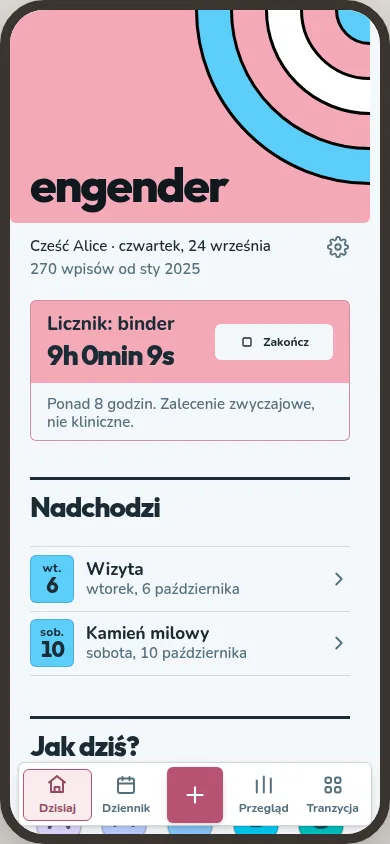 Karta Dzisiaj pokazuje licznik noszenia bindera, nadchodzącą wizytę i kamień milowy oraz pytanie o nastrój.
