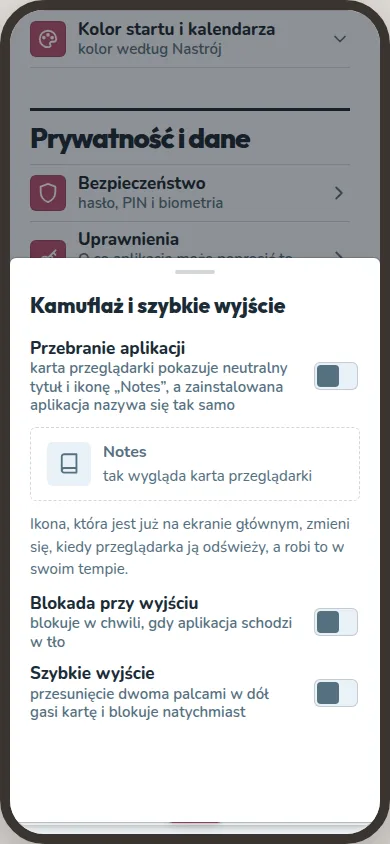 Panel Kamuflaż i szybkie wyjście pokazuje przełączniki kamuflażu i blokady po wyjściu.