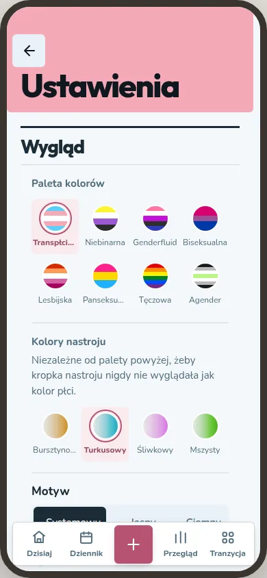 Ustawienia pokazują palety flag, kolory nastroju i wybór motywu w sekcji Wygląd.